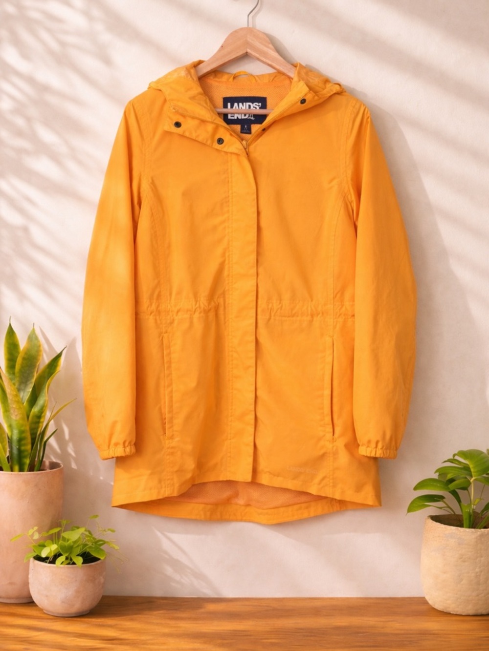 LANDS END Yellow All Weather Lined Hooded Jacket Womens S Cinch Waist + Pockets